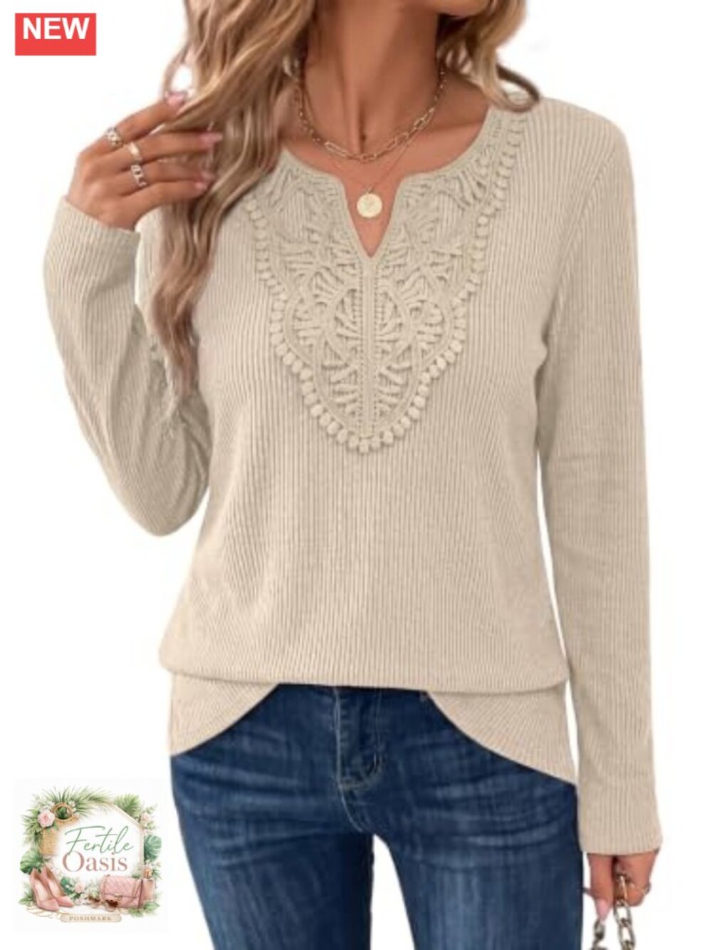 Women's Long Sleeve V-Neck Lace Tunic Top Ribbed Knit